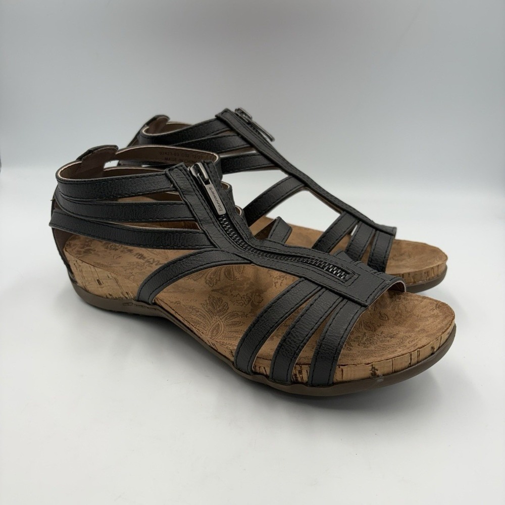 BEARPAW Women's Strappy Wedge Sandals Black Zip Cork Insole Ankle Strap 10